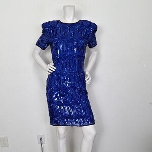 Eves Allure Vintage Blue 100% Silk Sequin Romantic Mini Dress Approx. Size M